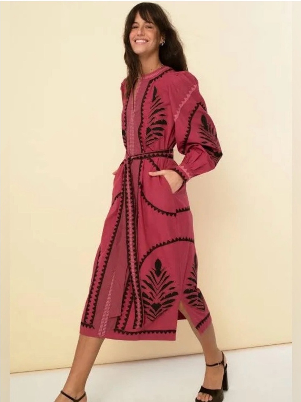 Magenta Embroidered Long-Sleeve Midi Dress with Belt